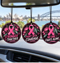 Three pink ribbon car air freshener designs: Stronger Together, Fight With Courage and No One Fights Alone